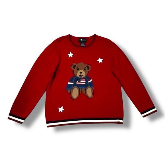 Vintage Sag Harbor Sweater USA Teddy Bear Stars Patriotic Preppy Red Medium - Picture 1 of 7